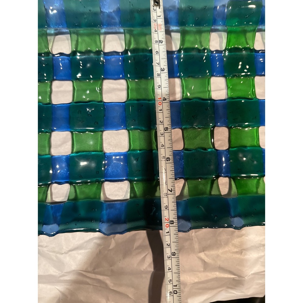 Handmade Fused‎ Glass Woven Lattice Platter Green Blue Plaid Decorative Tray 14" - Picture 6 of 6